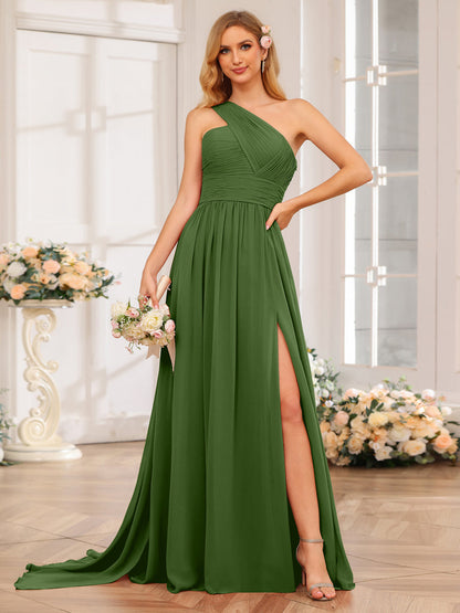 A-Linie/Prinzessin One-Shoulder-Lange Hochzeitspartykleider mit Watteau-Schleppe