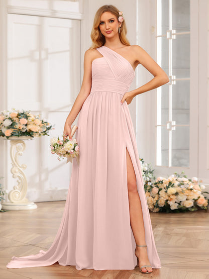 A-Linie/Prinzessin One-Shoulder-Lange Hochzeitspartykleider mit Watteau-Schleppe