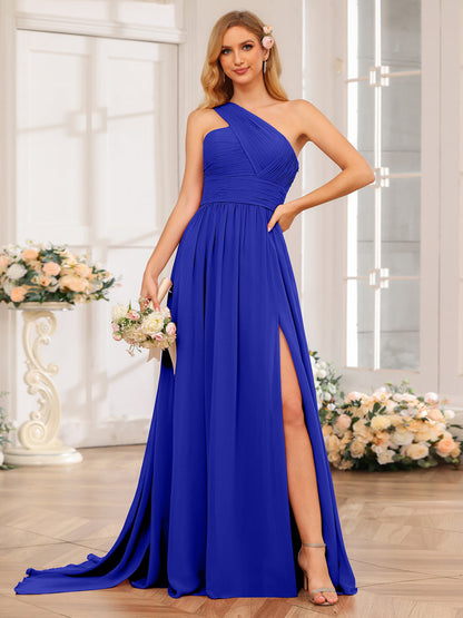 A-Linie/Prinzessin One-Shoulder-Lange Hochzeitspartykleider mit Watteau-Schleppe