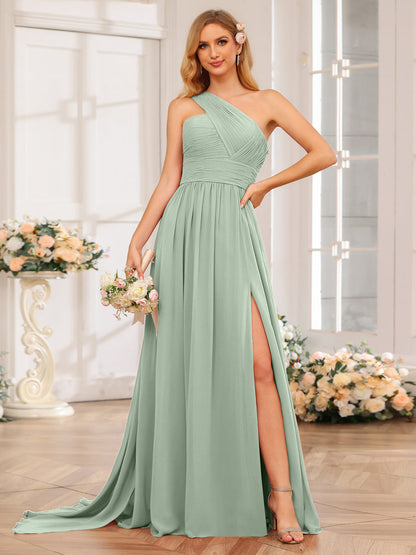 A-Linie/Prinzessin One-Shoulder-Lange Hochzeitspartykleider mit Watteau-Schleppe