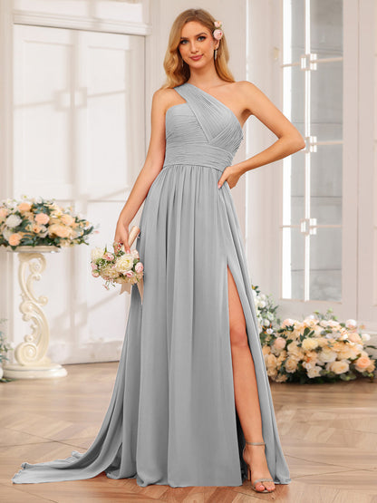 A-Linie/Prinzessin One-Shoulder-Lange Hochzeitspartykleider mit Watteau-Schleppe