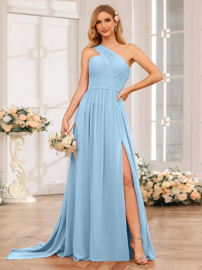 A-Linie/Prinzessin One-Shoulder-Lange Hochzeitspartykleider mit Watteau-Schleppe