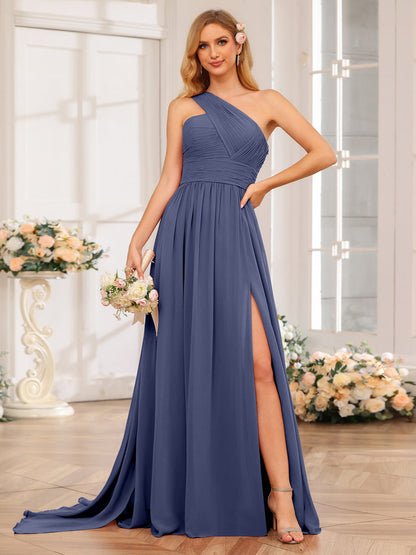 A-Linie/Prinzessin One-Shoulder-Lange Hochzeitspartykleider mit Watteau-Schleppe