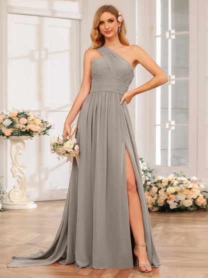 A-Linie/Prinzessin One-Shoulder-Lange Hochzeitspartykleider mit Watteau-Schleppe