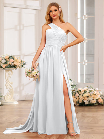 A-Linie/Prinzessin One-Shoulder-Lange Hochzeitspartykleider mit Watteau-Schleppe