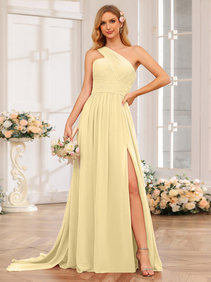 A-Linie/Prinzessin One-Shoulder-Lange Hochzeitspartykleider mit Watteau-Schleppe